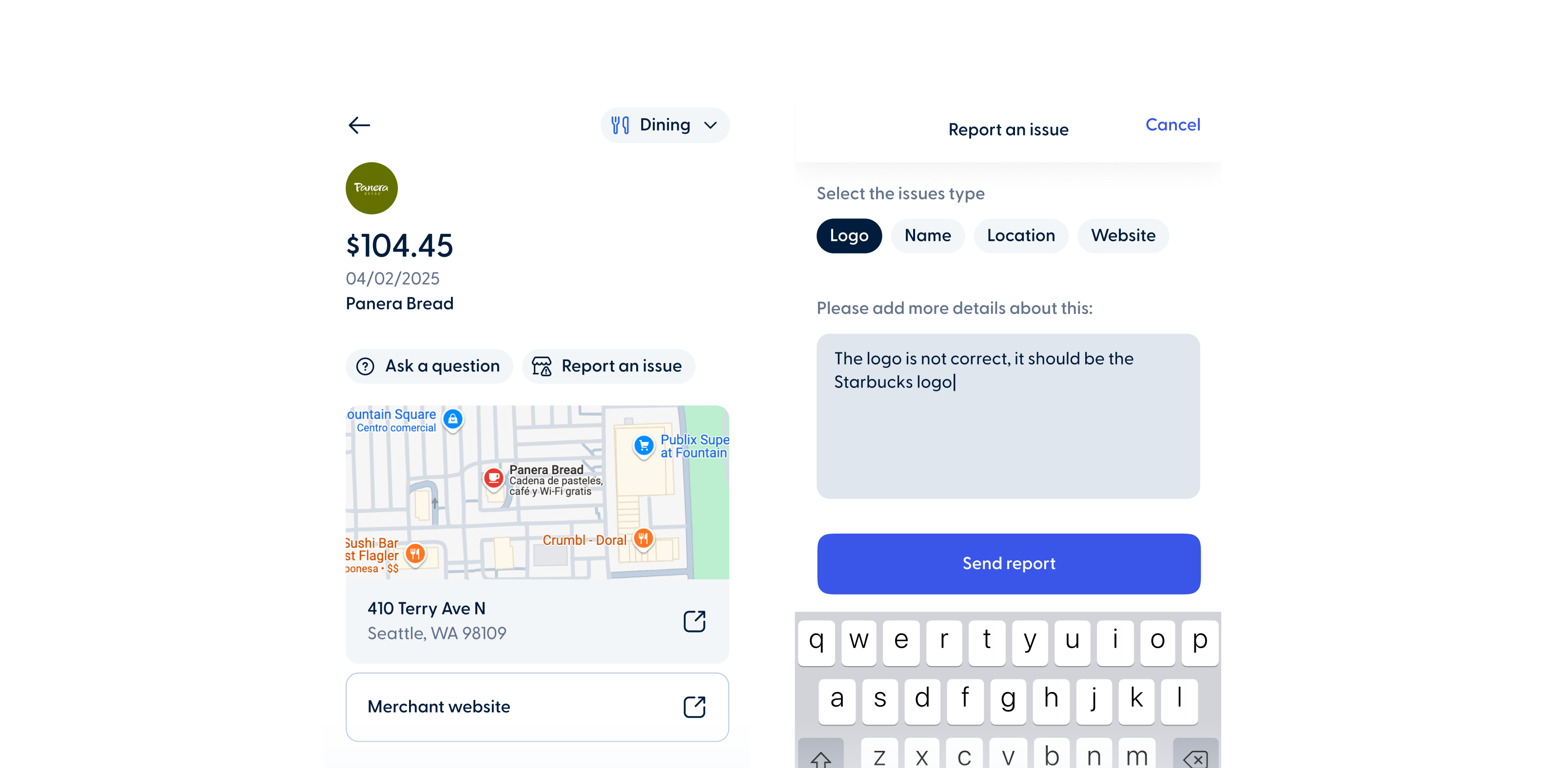 Rich New option to report transaction enrichment issues Mobile