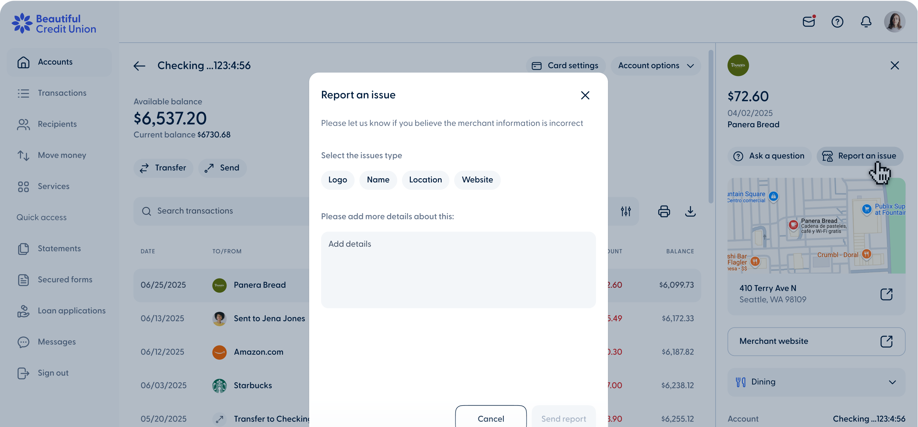 Rich New option to report transaction enrichment issues desktop 2
