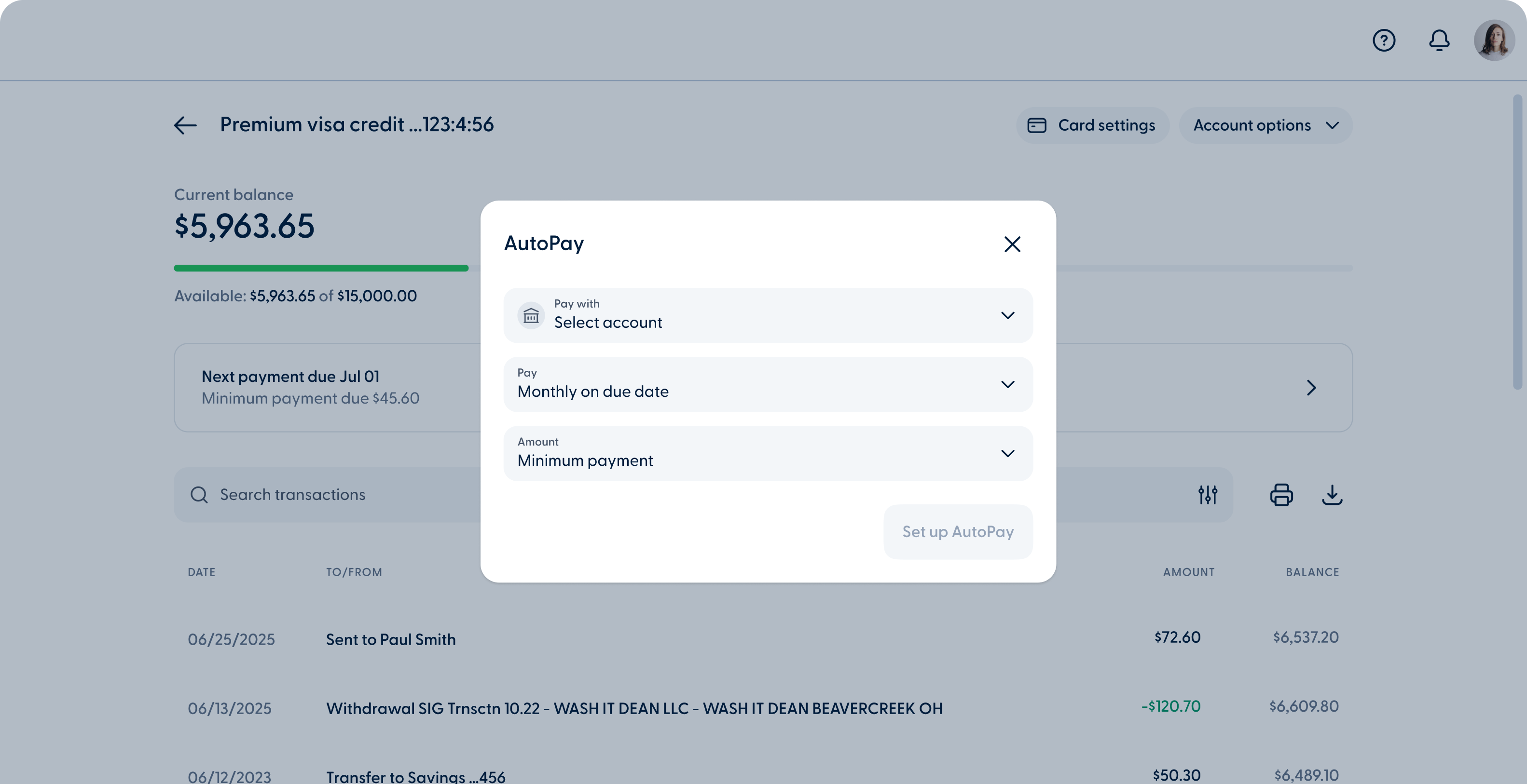 You - New Autopay module for loans and credit cards - Desktop
