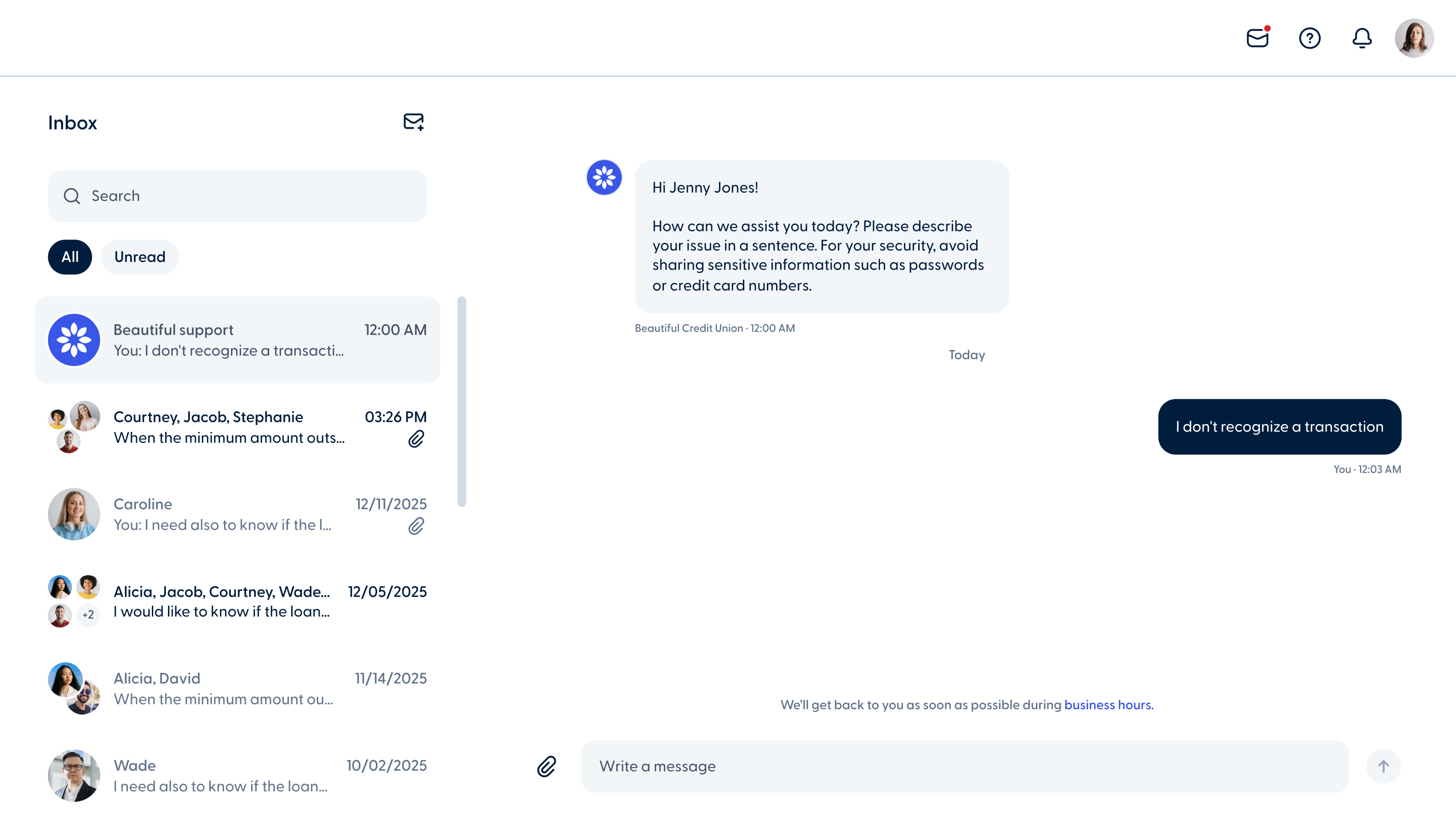 Improved “Messages” section desktop